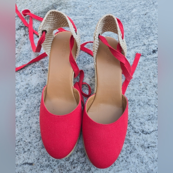 J. Crew Factory Red And Tan Wedge Lace Up Sandals New Without Box Sz 9 - Picture 3 of 7